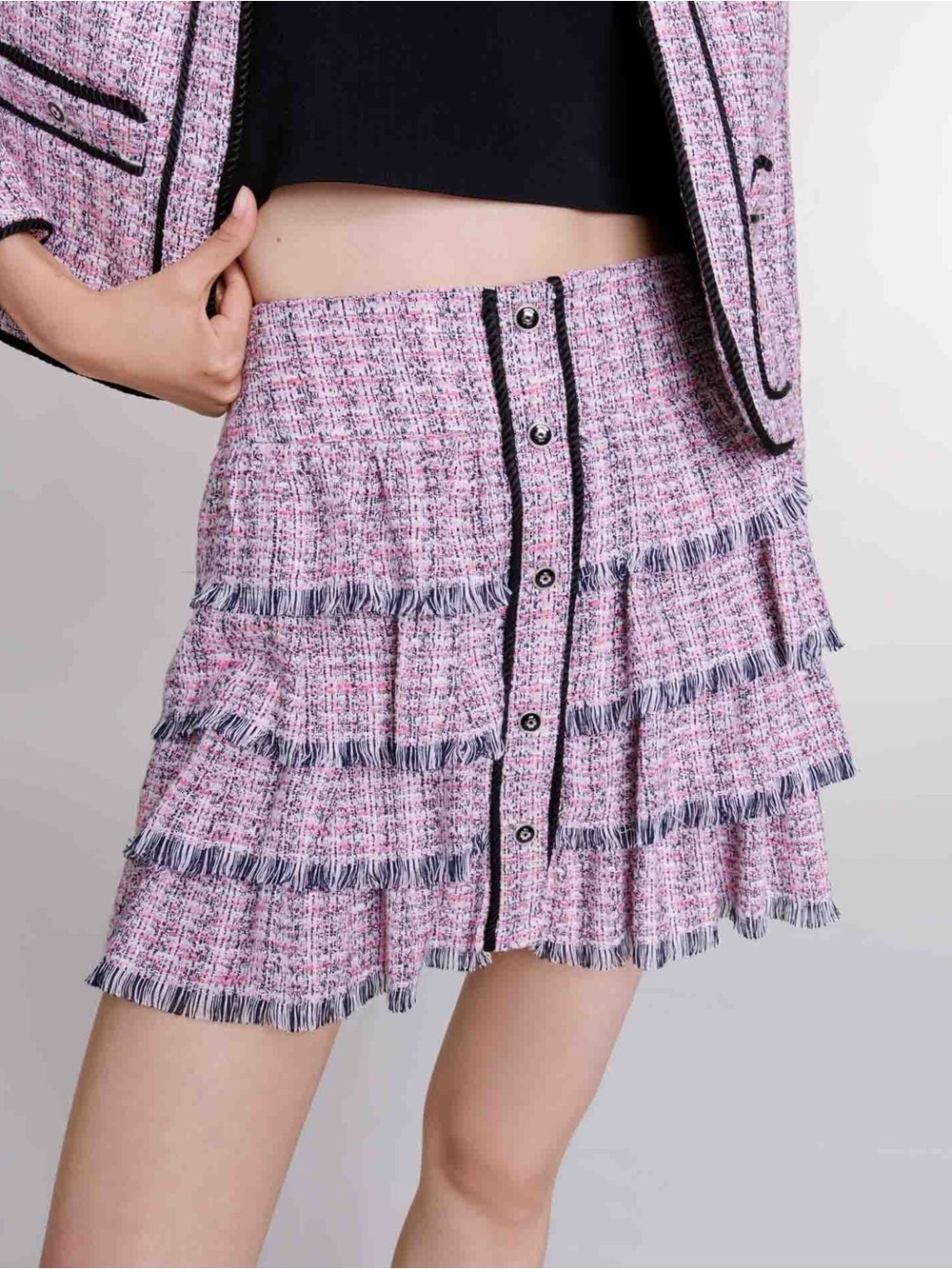 Maje Tiered Metallic Pink Tweed Mini Skirt 40(L) Fringe Button Front Academia